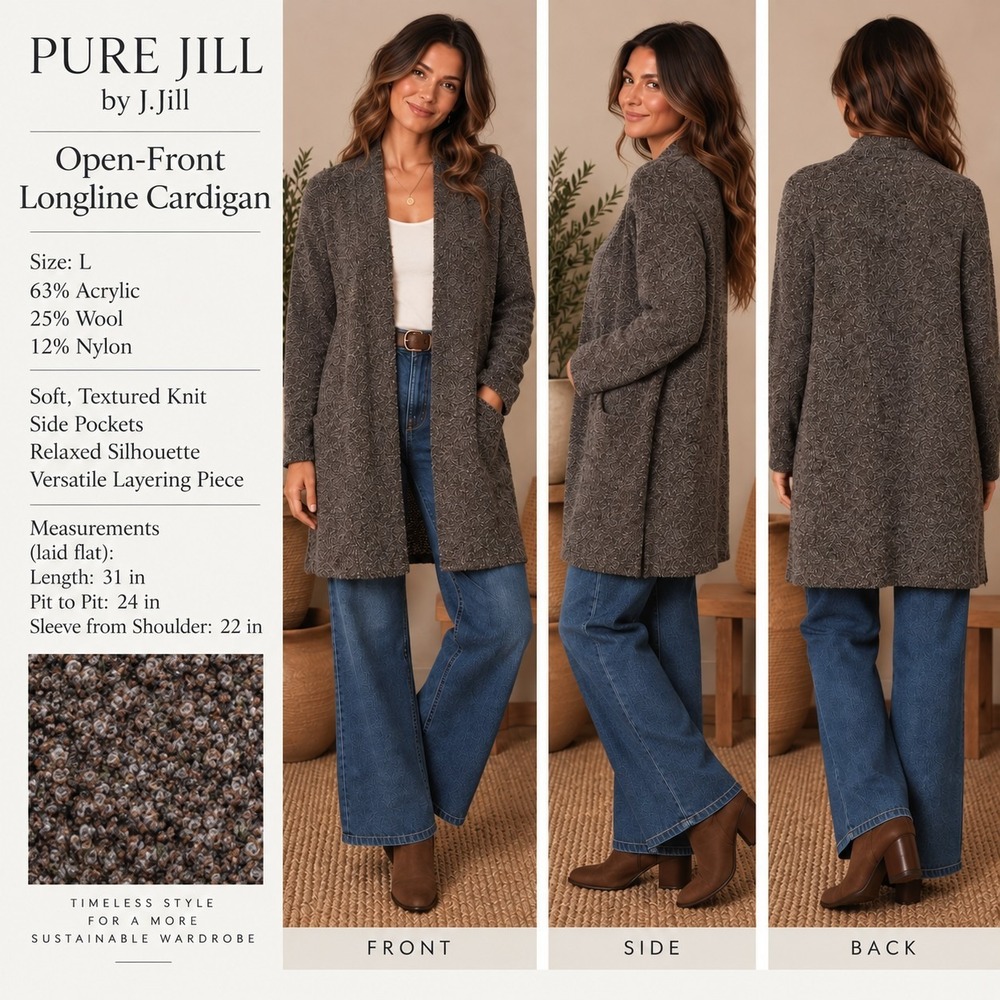 Pure Jill J.Jill Cardigan Women L Wool Blend Textured Open Front Longline